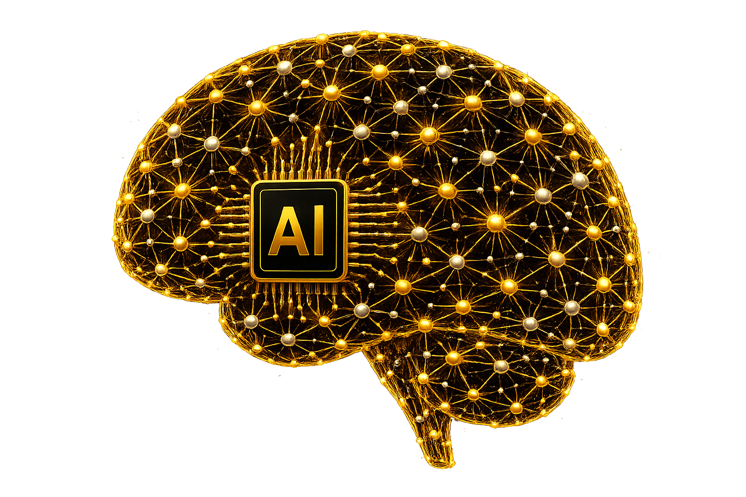 AI Commerce Brain — gold and silver neural network with an embedded AI chip